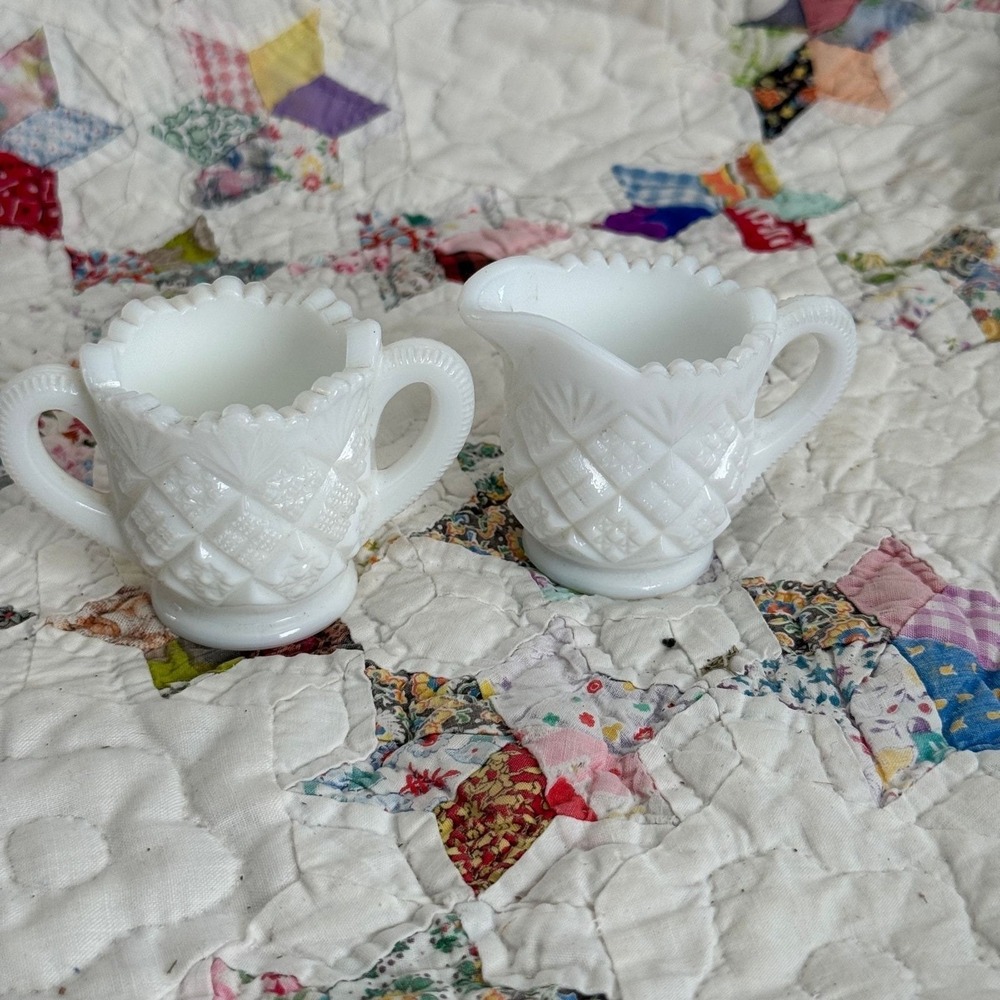 Vintage White Milk Glass Pineapple Diamond Pattern Creamer & Sugar Bowl Set MCM